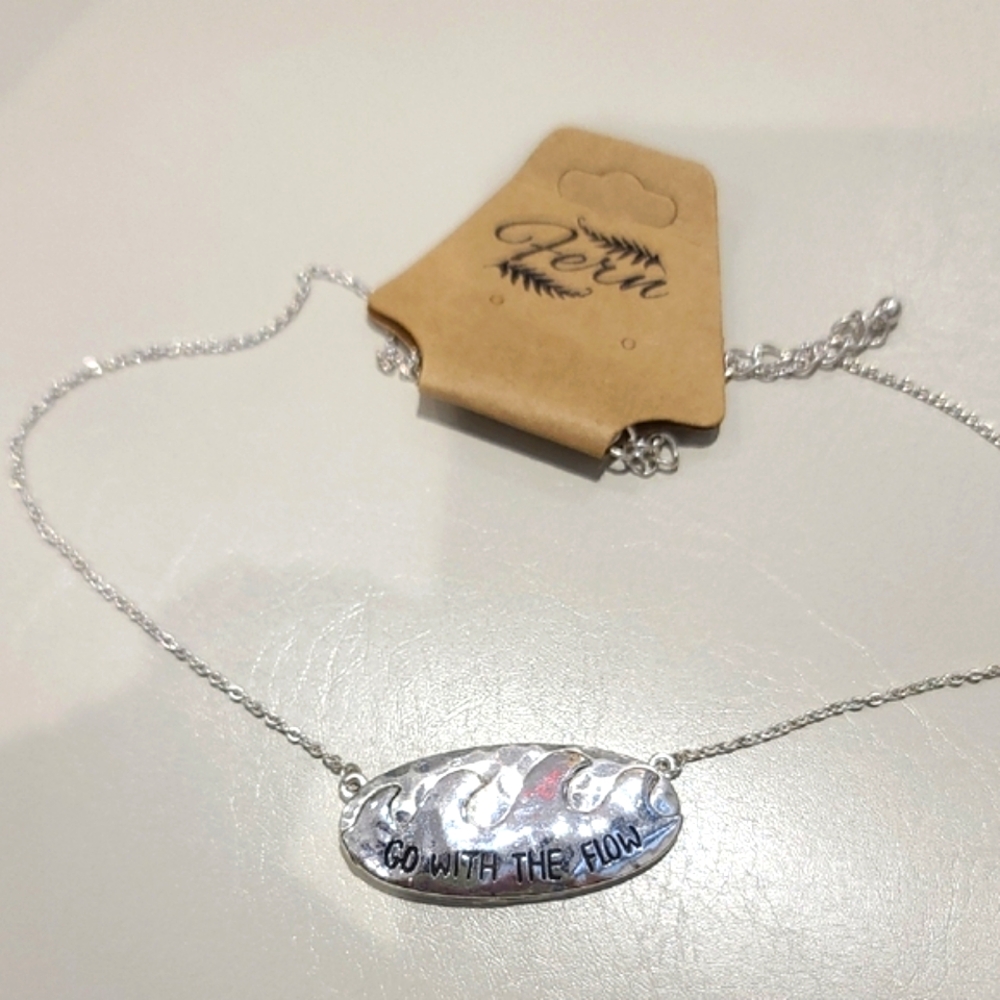 Silver wave, beachy or surfer pendant w chain. "Go With The Flow" of waves NWT. - Picture 2 of 7